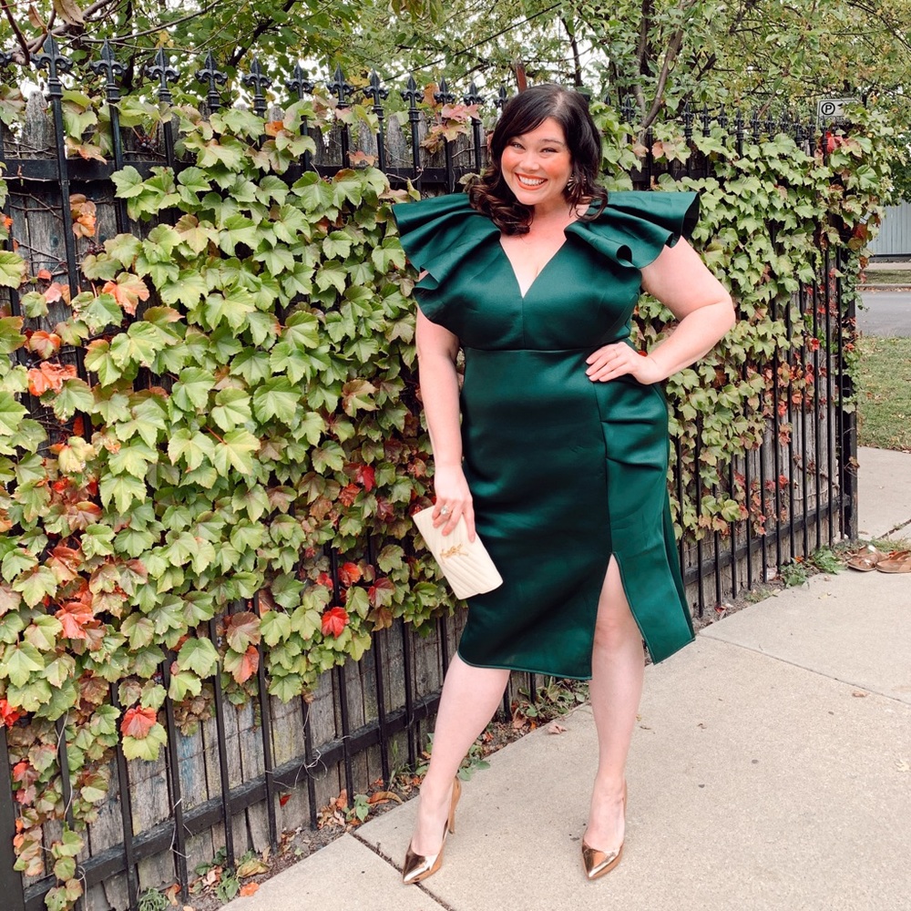 Green Ruffled Shoulder Scuba Knit Dress